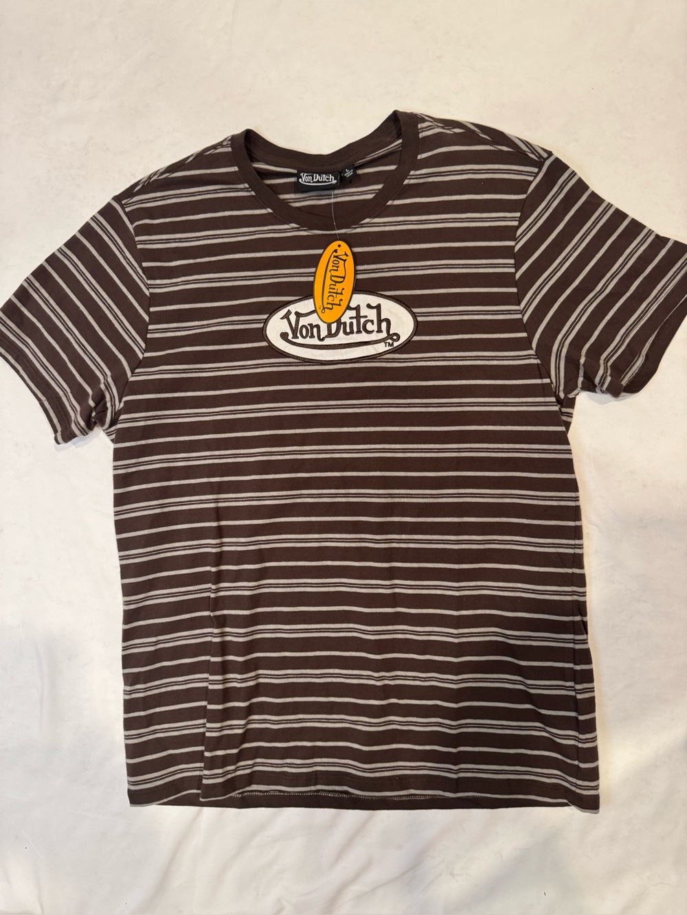 Von Dutch Mens Large T Shirt Brown Striped Embroidered Logo Y2K NWT